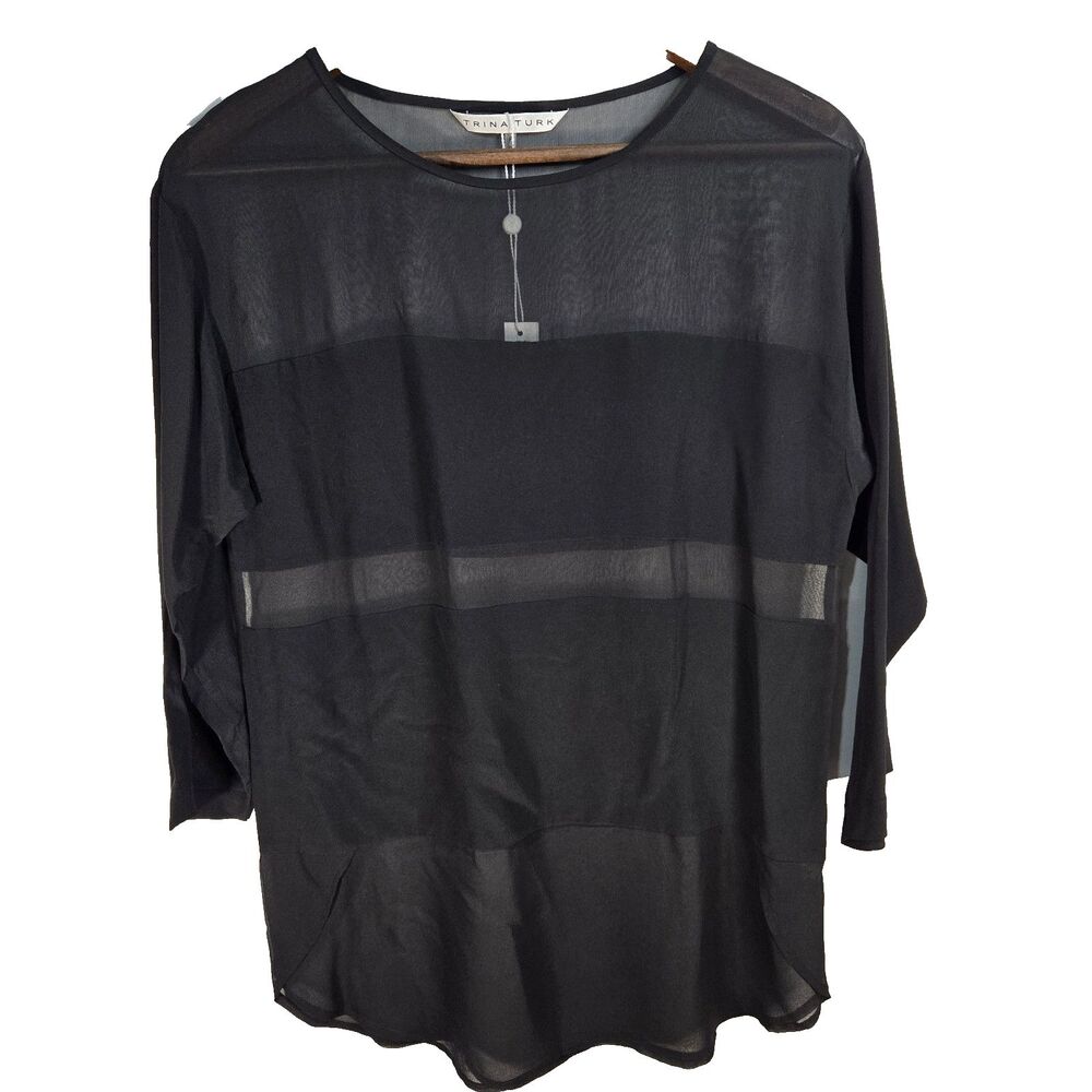 NWT Trina Turk Black Silk Sheer Minimalist Blouse Womens Small